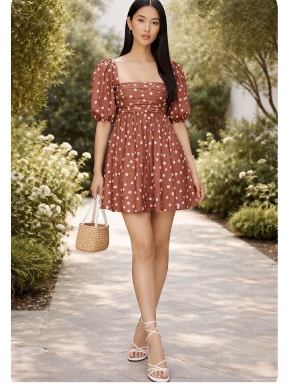 Abercrombie & Fitch Emerson Puff Sleeve Mini Dress Brown Polka Dot- Small Tall